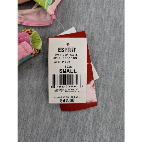 Vintage Esprit Bikini Womens Small Pink Green Leaf Floral Halter Top Bottom Y2K - Picture 11 of 14